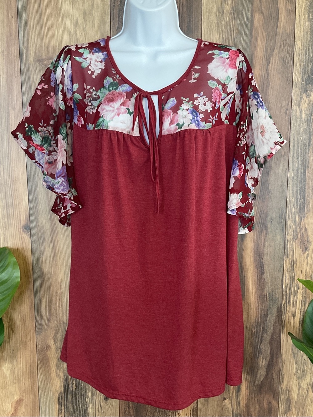 Emery Rose Floral Yoke Tie-Neck Tunic Blouse 3XL C235